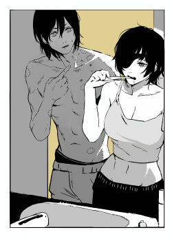 1boy 1girl aftersex bite_mark brushing_teeth chainsaw_man eyepatch greyscale hayakawa_aki highres himeno_(chainsaw_man) monochrome shirt sleeveless sleeveless_shirt tomatoketchup96 topless_male underwear