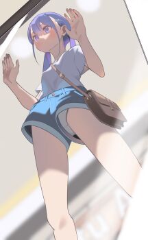 1girl blue_shorts blush breasts ceiling covering_with_clothes from_below hair_ornament hayakawa_sena_(pei_iriya) highres long_hair original panties pantyshot pei_iriya petite purple_eyes purple_hair shirt shorts small_breasts solo standing t-shirt twintails underwear upshorts upskirt white_shirt