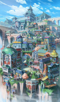 absurdly_detailed_composition absurdres arch architecture blue_sky bridge building city cliff cloud commentary_request complex_exterior concept_art day dome highres no_humans original outdoors poten scenery sky spire twitter_username variant_set