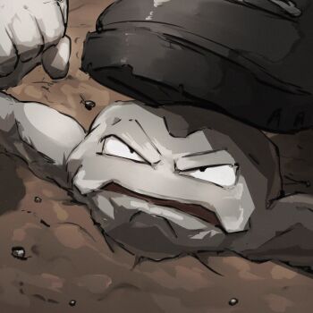 Rule 34 | 1other, absurdres, boots, brown boots, clenched hand, dirt, gen 1 pokemon, geodude, highres, looking up, nintendo, open mouth, out of frame, pokemon, pokemon (creature), solo focus, spicyichizo, standing on another's head