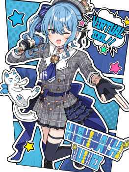 1girl absurdres black_gloves blue_eyes blue_hair choker commentary_request english_text fingerless_gloves gloves highres holding holding_microphone hololive hoshimachi_suisei hoshimachi_suisei_(1st_costume) long_hair long_sleeves looking_at_viewer microphone one_eye_closed open_mouth side_ponytail solo takoyaki_(hoshimachi_suisei) virtual_youtuber yadokaribeer