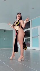 Rule 34 | 1girl, alternate costume, animated, ass, audible music, bracelet, braid, breasts, capcom, chilean (nationality), chun-li, chun-li (cosplay), claubailarinita, cleavage, cosplay, dress, highres, jewelry, long hair, looking at viewer, multiple views, official alternate costume, photo (medium), shiny skin, short dress, simple background, skin tight, sound, spiked bracelet, spikes, standing, street fighter, street fighter v, thighs, turnaround, very long hair, video, walking