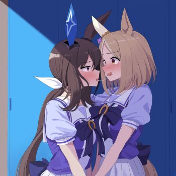 2girls admire_vega_(umamusume) after_kiss animal_ears blonde_hair breasts brown_hair commentary ear_covers hair_ribbon highres horse_ears horse_girl horse_tail limit_zero long_hair medium_breasts multiple_girls narita_top_road_(umamusume) open_mouth pleated_skirt ponytail ribbon saliva saliva_trail school_uniform short_hair short_sleeves single_ear_cover skirt tail tracen_school_uniform umamusume white_ribbon white_skirt yuri