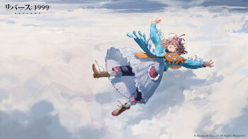 Rule 34 | 1girl, ahoge, blue sweater, boots, bow, brown footwear, brown hair, closed eyes, cloud, copyright name, copyright notice, day, dress, falling, flutterpage, full body, hair ornament, highres, laughing, logo, long sleeves, official art, open mouth, orange scarf, outdoors, outstretched arms, pantyhose, reverse:1999, scarf, short hair, skirt, sky, smile, snow, solo, sweater