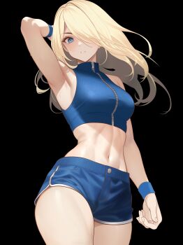 1girl arm_at_side arm_behind_head armpit_crease armpits artist_request bare_shoulders black_background blonde_hair blue_eyes blue_shirt blue_shorts breasts collarbone crease curled_fingers expressionless eyelashes female_focus fingernails floating_hair hair_down hair_over_one_eye highres huge_filesize legs long_hair looking_at_viewer medium_breasts metroid metroid_fusion midriff navel nintendo official_alternate_costume official_alternate_hairstyle parted_bangs parted_lips redrawn samus_aran scan shirt short_shorts shorts sidelocks simple_background sports_bra standing stomach thighs toned toned_female toned_stomach turtleneck turtleneck_shirt wrist_cuffs zipper zipper_pull_tab