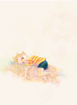 1boy absurdres barefoot blonde_hair brown_eyes closed_mouth commentary_request full_body highres lucas_(mother_3) lying male_focus mother_(series) mother_3 nintendo on_side shirt short_hair shorts solo striped_clothes striped_shirt takoshi_(shiroan) white_background