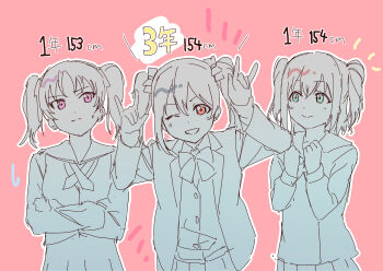 Rule 34 | 3girls, ;d, \m/, absurdres, aqua eyes, clenched hands, closed mouth, commentary request, crossed arms, double \m/, greyscale with colored background, grin, hairstyle connection, height connection, highres, in-franchise crossover, inazuma (elect line), kazuno leah, kurosawa ruby, light frown, love live!, love live! school idol project, love live! sunshine!!, medium hair, multiple girls, nico nico nii, one eye closed, open mouth, otonokizaka school uniform, outline, pink background, purple eyes, red eyes, school uniform, seisen school uniform, smile, split mouth, spot color, sweatdrop, twintails, two side up, upper body, uranohoshi school uniform, v-shaped eyebrows, white outline, yazawa nico