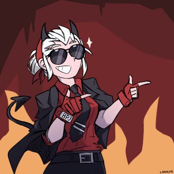 1girl absurdres belt black_belt black_jacket black_necktie black_pants collared_shirt commentary cowboy_shot demon_girl demon_horns demon_tail double_finger_gun english_commentary female_focus finger_gun fingerless_gloves fire gloves grin hell helltaker highres horns jacket jacket_on_shoulders justice_(helltaker) lanxcer necktie pants ponytail red_background red_gloves red_shirt shirt signature smile solo sparkle standing sunglasses tail tinted_eyewear white_hair wing_collar