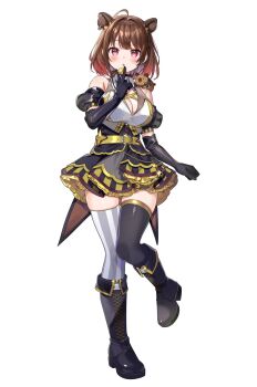 1girl :o ahoge animal_ears artist_request asymmetrical_legwear bare_shoulders belt belt_buckle black_boots black_dress black_gloves black_thighhighs blush boots breasts brown_hair buckle capybara capybara_ears capybara_girl cleavage cleavage_cutout clothing_cutout commentary_request dress elbow_gloves frilled_skirt frills full_body gloves gold_belt gold_trim grey_thighhighs high_heel_boots high_heels highres idol_clothes knee_boots lace-up_boots large_breasts layered_skirt leg_up miniskirt nanashi_inc. pink_eyes skirt striped_clothes striped_thighhighs thighhighs thighs v virtual_youtuber white_background yunohara_izumi