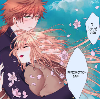 00s 1boy 1girl blonde_hair blush clamp closed_eyes cloud couple flower fujimoto_kiyokazu glasses green_eyes hair_tie hanato_kobato i_love_you kobato. long_hair outdoors plant ponytail red_hair school_uniform sky translated upper_body