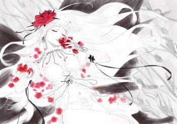 Rule 34 | 1girl, arm ribbon, babydoll, breasts, chinese commentary, choker, closed eyes, closed mouth, collarbone, commentary request, coquelic (path to nowhere), earrings, flower, frilled choker, frills, hair flower, hair ornament, hair spread out, highres, holding, holding petal, jewelry, limited palette, long hair, luori dianxin, lying, medium breasts, midriff, navel, navel piercing, on back, panties, path to nowhere, petals, piercing, red flower, red petals, ribbon, smile, solo, spikes, underwear, very long hair