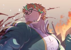 Rule 34 | 1boy, absurdres, bara, black-framed eyewear, blood, blood on arm, clenched hand, facial hair, fire, gloves, goatee, green gloves, green jacket, highres, hippolytus (housamo), jacket, looking to the side, male focus, open mouth, orange eyes, orange hair, osu (osumankokuou), shirt, short hair, sideburns stubble, solo, stubble, tokyo houkago summoners, upper body, white shirt
