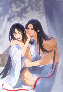 2boys 8083_blue black_eyes black_hair blurry blurry_background commentary_request highres lan_wangji light_particles long_hair male_focus modao_zushi multiple_boys open_mouth partially_undressed red_ribbon rejected_kiss ribbon scar scar_on_shoulder sitting topless_male very_long_hair wei_wuxian yaoi yellow_eyes