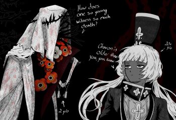 Rule 34 | 1boy, 1girl, arrow (symbol), black background, charon (project moon), charon (reverse:1999), coat, dress, english text, flower, greyscale, hat, highres, hyojin en, limbus company, looking at another, low twintails, monochrome, name connection, object head, poppy (flower), project moon, red flower, reverse:1999, shako cap, spot color, twintails, upper body