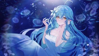 Rule 34 | 1girl, absurdres, ahoge, bare arms, bare shoulders, breasts, cleavage, closed mouth, collarbone, commentary, dress, elf, flower, hair between eyes, hair flower, hair ornament, heart, heart ahoge, highres, hololive, jellyfish, large breasts, light blush, long hair, looking at viewer, pointy ears, smile, solo, symbol-only commentary, uehara (dormmmmir ), underwater, very long hair, virtual youtuber, white dress, white flower, yellow eyes, yukihana lamy