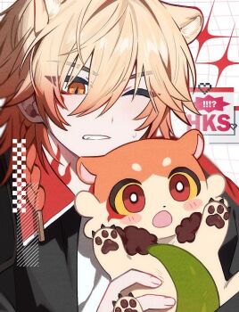 Rule 34 | 1boy, animal ears, black jacket, blonde hair, blush stickers, braid, cat boy, cat ears, chimera (honkai: star rail), commentary, creature, facial tattoo, gradient hair, holding, holding creature, honkai: star rail, honkai (series), jacket, male focus, medium hair, multicolored hair, mydei (fig stew) (honkai: star rail), mydei (honkai: star rail), neck tattoo, one eye closed, open clothes, open jacket, pin3909, red hair, red tattoo, shirt, side braid, solo, sweatdrop, symbol-only commentary, tattoo, white shirt, yellow eyes