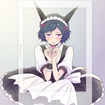 1boy absurdres alternate_costume animal_ears apron black_hair blush cat_ears dress enmaided fake_animal_ears frilled_apron frills hair_ornament heart heart_hands highres looking_at_viewer maid maid_apron maid_headdress male_focus mayqueen_maid_uniform open_mouth puffy_short_sleeves puffy_sleeves purple_eyes r0_wen_l science_adventure short_hair short_sleeves skull_hair_ornament solo steins;gate tail tongue translation_request trap urushibara_luka white_apron wrist_cuffs