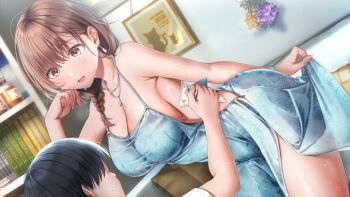1boy 1girl artist_request bare_shoulders black_hair blue_dress bookshelf braid breasts brown_eyes brown_hair cleavage commentary_request dress dutch_angle highres jewelry koga_nozomi large_breasts leaning_forward necklace open_mouth seifuku_kanojo seifuku_kanojo_2 skirt_hold solo_focus sweat