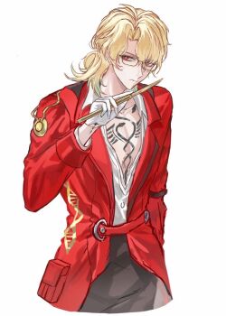 1boy arm_up bespectacled black_pants blonde_hair chest_tattoo closed_mouth coat cropped_legs glasses hashtag-only_commentary highres holding long_sleeves looking_to_the_side luuk_herssen_(wuthering_waves) male_focus medium_hair pants parted_hair ponytail red_coat red_eyes shirt sideways_glance simple_background sleeve_cuffs solo tattoo wa_serin white_background white_shirt wuthering_waves