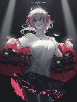 1girl absurdres antenna_hair arknights artist_name black_background black_pantyhose black_skirt blood blood_on_face bomb breasts character_name collarbone colored_skin commentary contrapposto demon_girl dog_tags english_commentary evil_smile explosive eyebrows_hidden_by_hair glowing glowing_eyes hair_between_eyes highres horns jacket looking_at_viewer messy_hair miniskirt nail_polish open_clothes open_jacket orange_eyes pantyhose parted_lips red_eyes red_jacket red_nails rhine_(overtonerhine) shirt short_hair sidelocks silver_hair simple_background skirt smile solo spotlight t-shirt teeth timer two-sided_fabric undressing upper_teeth_only v-neck w_(arknights) white_shirt white_skin wire