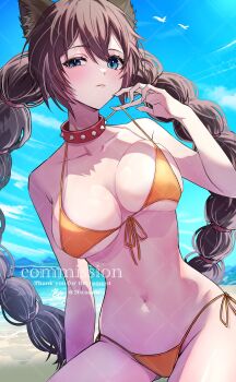 1girl animal_ears armpit_crease beach bikini blue_eyes blue_sky blush braid breasts brown_hair collar commentary commission cowboy_shot day double-parted_bangs english_commentary front-tie_bikini_top front-tie_top hair_between_eyes hand_up highres large_breasts long_hair looking_at_viewer navel orange_bikini original outdoors parted_lips red_collar skeb_commission sky solo spiked_collar spikes stomach swimsuit twin_braids twintails uneven_eyes watermark xxcaaan