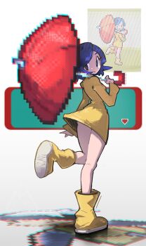1boy 1girl beanie blue_eyes blue_hair boots breasts brendan_(pokemon) closed_mouth coat hair_ornament hairclip hat highres holding holding_umbrella long_sleeves nintendo parasol parasol_lady_(pokemon) pixel_art pixel_art_inset pixelated pokemon pokemon_ruby/sapphire/emerald raincoat reference_inset rubber_boots shakeeeeeeeee short_hair smile standing standing_on_one_leg umbrella white_hat yellow_coat yellow_raincoat