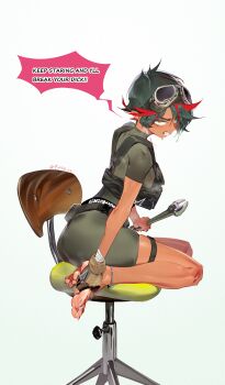 1girl absurdres angry barefoot black_hair chair clenched_teeth dark-skinned_female dark_skin feet goggles goggles_on_head highres looking_at_viewer multicolored_hair original qiu_shu short_hair soles steam streaked_hair sweat swivel_chair teeth toes wrench yellow_eyes