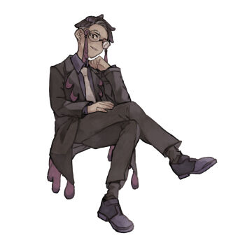 1boy absurdres collared_shirt corbeau_(pokemon) crossed_legs dress_pants eyewear_strap full_body glasses highres ichi_kawa_ichi invisible_chair long_sleeves looking_at_viewer male_focus necktie nintendo pants parted_hair pokemon pokemon_legends:_z-a purple_shirt round_eyewear shirt shoes short_sideburns sitting smile solo undercut white_background white_necktie