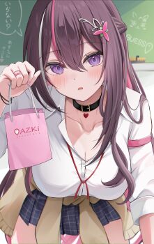1girl 7nopi absurdres azki_(hololive) bag black_collar black_hair braid breasts cardigan cardigan_around_waist chalkboard classroom cleavage clothes_around_waist collar collared_shirt colored_inner_hair commentary_request double-parted_bangs grey_skirt hair_intakes hair_ornament hairclip half_up_braid highres holding holding_bag hololive large_breasts long_hair miniskirt mole mole_under_eye multicolored_hair open_mouth pink_hair pink_streaks pleated_skirt purple_eyes shirt skirt solo three-quarter_sleeves very_long_hair virtual_youtuber white_shirt white_streaks