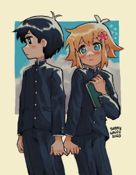 Rule 34 | 2boys, artist name, basil (omori), black hair, blonde hair, blue eyes, blush, book, fingers together, flower, flower on head, gakuran, hair ornament, highres, holding, holding book, looking to the side, male focus, multiple boys, omori, school uniform, shy, sky, sunny (omori), sunny sakana, yellow background