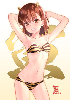 1girl :d animal_print armpits arms_behind_head arms_up bikini blush breasts brown_eyes brown_hair cleavage clenched_teeth collarbone commentary cosplay cowboy_shot female_focus gluteal_fold gradient_background grin hair_ornament horns japanese_clothes kimono lightning_bolt lightning_bolt_hair_ornament lightning_bolt_symbol looking_at_viewer lum lum_(cosplay) misaka_mikoto multicolored_bikini navel open_mouth print_bikini raika9 short_hair small_breasts smile solo standing stomach strapless strapless_bikini swimsuit teeth text_background tiger_print toaru_kagaku_no_railgun toaru_majutsu_no_index two-tone_bikini urusei_yatsura yellow_background yellow_bikini