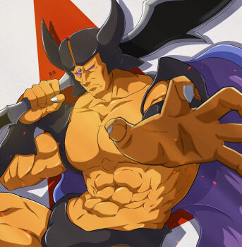 1boy abs bara black_male_underwear bulge cape colored_sclera dhuran_(dq6) dragon_quest dragon_quest_vi fake_horns forehead_jewel grey_nails helmet highres holding holding_sword holding_weapon horned_helmet horns large_pectorals male_underwear muscular muscular_male pectorals purple_sclera sword underwear weapon zeff_ozaki