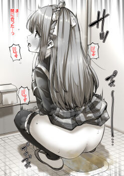 1girl ass blush character_request clothes_lift fart from_behind highres kapurikon loli long_hair monochrome panties panty_pull public_restroom school_uniform serafuku skirt skirt_lift solo squat_toilet squatting sweat tagme text_focus thighhighs toilet_paper underwear