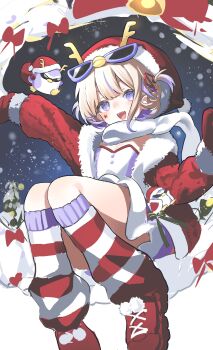 1girl absurdres antlers banpen_(todoroki_hajime) blonde_hair christmas coat eyewear_on_head fake_antlers fur-trimmed_coat fur-trimmed_headwear fur_trim gloves hat highres hololive hololive_dev_is horns leg_warmers looking_at_viewer meter_(231meter) multicolored_hair open_mouth purple_eyes purple_hair red_coat red_gloves reindeer_antlers santa_hat short_hair solo streaked_hair striped_leg_warmers sunglasses todoroki_hajime two_side_up virtual_youtuber