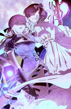 2girls absurdres bare_shoulders black_gloves bow breasts brown_hair china_dress chinese_clothes cleavage_cutout clothing_cutout detached_sleeves dress drill_hair elbow_gloves fingerless_gloves fishnet_thighhighs fishnets frilled_dress frilled_sleeves frills full_moon gloves grey_eyes grey_hair hair_bow hair_ribbon hashtag-only_commentary heaven_burns_red heterochromia highres higuchi_seika hiiragi_kozue huge_moon kjhg1108 long_hair looking_at_viewer looking_back moon multiple_girls night official_alternate_costume open_mouth parted_lips print_dress puffy_short_sleeves puffy_sleeves purple_dress purple_eyes ribbon short_hair short_sleeves side_drill smile thighhighs twin_drills white_bow white_dress yellow_eyes