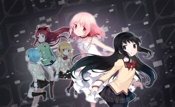 5girls akemi_homura argyle_background artist_request back_bow bare_arms bare_shoulders black_background black_bow black_hair black_pantyhose black_shirt black_skirt black_socks blonde_hair blue_eyes blue_hair blue_shorts boots bow bowtie brown_boots clothing_cutout collarbone collared_shirt cowboy_shot crop_top denim denim_shorts determined dot_nose dress drill_hair expressionless floating floating_clothes flower_hairpin frilled_dress frills from_behind full_body fur-trimmed_shorts fur_trim game_cg glitch glowing green_jacket grey_hairband grey_shoes hair_between_eyes hair_bow hair_down hair_ornament hair_over_shoulder hairband hairclip hand_in_pocket happy head_tilt high_collar high_heels high_ponytail highres holy_quintet hood hood_down hooded_jacket invisible_chair jacket jitome juliet_sleeves kaname_madoka knee_boots kneehighs lace lace-trimmed_shirt lace-trimmed_sleeves lace_trim layered_shirt leg_up light_blush long_hair long_sleeves looking_at_viewer looking_back mahou_shoujo_madoka_magica mahou_shoujo_madoka_magica_(anime) mahou_shoujo_madoka_magica_magia_exedra mary_janes medium_dress miki_sayaka miniskirt mitakihara_school_uniform multiple_girls navel neck_ribbon official_alternate_costume official_art outline pantyhose parted_lips pink_hair plaid_clothes plaid_skirt pleated_skirt pocket pointy_nose ponytail puffy_sleeves pumps purple_eyes red_bow red_bowtie red_eyes red_hair red_ribbon ribbon sakura_kyoko school_uniform shirt shoes short_hair short_shorts shorts sidelocks sitting skirt sleeve_cuffs sleeveless sleeveless_dress socks stomach_cutout studded_hairband sundress tomoe_mami tsurime uwabaki very_long_hair white_bow white_bowtie white_dress white_outline white_shirt white_shoes wind yellow_bow yellow_eyes yellow_shirt zipper