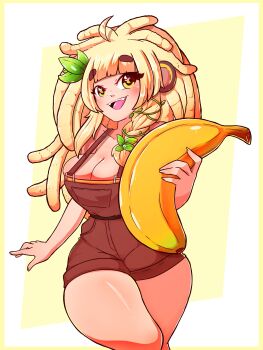 1girl absurdres animal_ears banana bananajuju blonde_hair breasts brown_eyes brown_overalls cleavage dreadlocks food fruit highres indie_virtual_youtuber lando_labs large_breasts long_hair monkey_ears monkey_girl open_mouth overall_shorts overalls solo virtual_youtuber