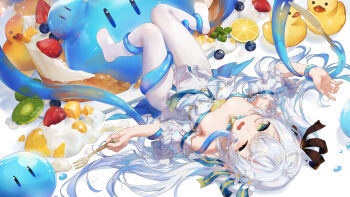 1girl absurdres breasts cake detached_sleeves dress flower food fork from_above green_eyes grey_hair hair_flower hair_ornament highres holding holding_fork long_hair looking_at_viewer lying no_shoes on_back one_eye_closed open_mouth original pantyhose pointy_ears short_sleeves slime_(creature) solo swkl:d tentacles upside-down very_long_hair white_dress white_pantyhose