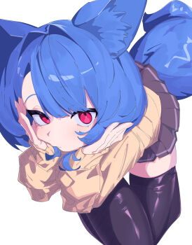 1girl absurdres animal_ear_fluff animal_ears black_thighhighs blue_hair commentary_request fox_ears fox_girl fox_tail head_on_hands highres long_sleeves looking_at_viewer miya_(myakuro) myakuro original red_eyes tail thick_thighs thighhighs thighs