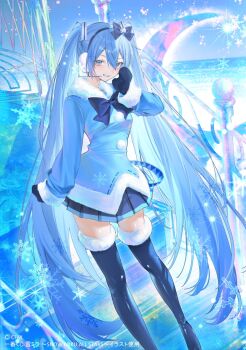 1girl aqua_hair black_thighhighs blue_bow blue_eyes blue_mittens boots bow coat commentary_request earmuffs fur-trimmed_boots fur-trimmed_coat fur-trimmed_sleeves fur_trim gem_hair_ornament gloves hair_between_eyes hair_bow harui_(hr_x9_) hatsune_miku highres jewelry long_hair looking_at_viewer mittens official_alternate_costume open_mouth smile snowflake_print snowflakes solo star_(symbol) thighhighs very_long_hair vocaloid yuki_miku yuki_miku_(2012) zettai_ryouiki
