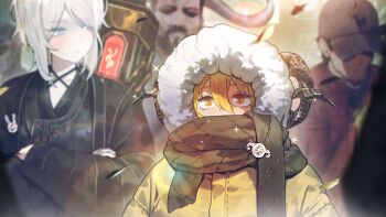 1other 2boys 2girls animal_pin baseball_cap black_robe blonde_hair blue_eyes chain cow_horns curled_horns don_quixote_(project_moon) facial_hair faust_(project_moon) fur-trimmed_hood fur_trim game_cg goatee hat heathcliff_(project_moon) heishou_pack-mao_branch_(identity)_(project_moon) heishou_pack-wei_branch_(identity)_(project_moon) heishou_pack-you_branch_(identity)_(project_moon) highres hood horns jacket limbus_company medium_hair multiple_boys multiple_girls nai_ga official_art project_moon rabbit_pin robe scarf sheep_horns short_hair sparkle sword sword_on_back weapon weapon_on_back white_hair yellow_eyes yellow_jacket