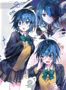 1girl absurdres black_jacket blush breasts character_name ciel_(tsukihime) closed_mouth cowboy_shot english_text fingernails glasses grey_skirt hair_between_eyes highres jacket looking_at_viewer multiple_views open_mouth school_uniform shirt short_hair skirt smile solo souya_high_school_uniform speech_bubble tsukihime vest white_shirt yakksan yellow_vest