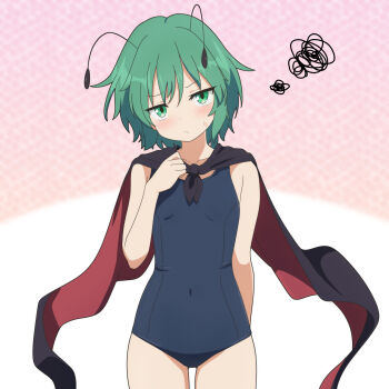 1girl alternate_costume antennae black_cape blue_one-piece_swimsuit blush cape cato_(monocatienus) commentary_request covered_navel embarrassed flat_chest green_eyes green_hair highres looking_at_viewer one-piece_swimsuit red_cape school_swimsuit short_hair solo sweatdrop swimsuit touhou two-sided_cape two-sided_fabric wriggle_day wriggle_nightbug