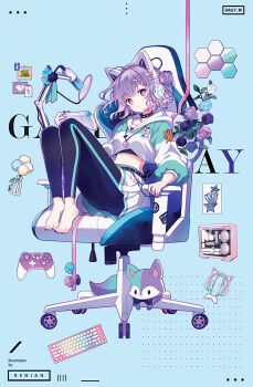1girl animal_ear_headphones animal_ears barefoot black_collar black_flower black_leggings black_nails black_rose blue_background blue_flower blue_nails blue_rose chair closed_mouth collar collarbone comiket_104 commentary_request computer computer_tower controller crop_top fake_animal_ears flower full_body game_controller hair_bun headphones headset holding honeycomb_(pattern) hood hood_down hoodie instrument keyboard_(instrument) knees_up leggings long_sleeves looking_at_viewer microphone midriff multicolored_nails nail_polish navel on_chair original pleated_skirt puffy_long_sleeves puffy_sleeves purple_eyes purple_flower purple_hair purple_nails purple_rose renian rose single_side_bun sitting skirt solo toenail_polish toenails white_hoodie white_skirt