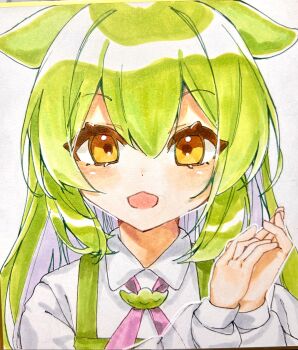 1girl absurdres collared_shirt commentary green_hair hamano_yui hands_up highres long_hair long_sleeves looking_at_viewer neck_ribbon ojou-sama_zundamon open_mouth own_hands_together pink_ribbon portrait ribbon shikishi shirt solo suspenders traditional_media voiceroid voicevox white_shirt yellow_eyes zundamon