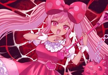 Rule 34 | 1girl, blush, bow, breasts, commentary request, dark-skinned female, dark skin, double-parted bangs, dress, flail, hair between eyes, hair bow, holding, holding flail, holding weapon, large breasts, long hair, looking at viewer, ojou-sama pose, omori, open mouth, ozziemochi, pink bow, pink dress, pink eyes, pink hair, polka dot, polka dot bow, puffy short sleeves, puffy sleeves, short sleeves, sidelocks, smile, smug, solo, sweetheart (omori), twintails, weapon