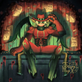 Rule 34 | 1boy, absurdres, animal ears, belt, blonde hair, blood, bullet, bullet hole, crop top, demon wings, digimon, digimon (creature), eye mask, fangs, fortunemagex, gloves, green eyes, gun, hat, highres, holding, knee armor, magnakidmon, male focus, mask, pants, red gloves, red hat, red pants, signature, sitting, wanted poster, weapon, wings