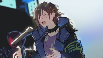 1boy armband audience black_armband black_hair closed_eyes collar collarbone crew_neck earrings furrowed_brow hair_between_eyes hair_ornament hairclip handprint holostars hood hood_down jacket jewelry kanade_izuru kanade_izuru_(1st_costume) knokzm lightning_bolt lightning_bolt_hair_ornament lightning_bolt_symbol long_sleeves male_focus microphone microphone_stand music open_clothes open_hands open_jacket open_mouth purple_shirt screen shirt short_hair singing solo spiked_collar spikes stage sweat two-sided_fabric two-sided_jacket upper_body virtual_youtuber