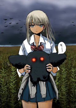 1girl blonde_hair blue_skirt bow bowtie cardigan cardigan_around_waist closed_mouth clothes_around_waist cloud collared_shirt commentary cowboy_shot creature cryptid dark-skinned_female dark_cloud dark_skin day earrings english_commentary expressionless field floating_hair giba_ryan grey_cardigan gyaru highres holding holding_creature jewelry kogal long_hair loose_bowtie mothman multiple_rings original outdoors overcast pink_nails pleated_skirt red_bow red_bowtie ring school_uniform shirt short_sleeves simple_bird skirt sky solo speech_bubble standing sticker sticker_on_face translation_request white_shirt