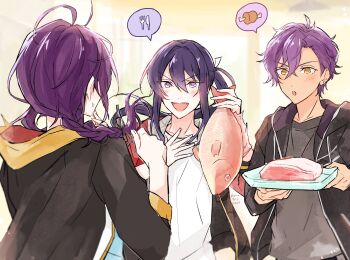 Rule 34 | 3boys, ahoge, animal, ayase mayoi, black jacket, black ribbon, blush, braid, commentary request, dark-skinned male, dark skin, earrings, ensemble stars!, fish, floating hair, food, from behind, grey shirt, hair ribbon, hand up, hands up, highres, holding, holding animal, holding fish, holding food, holding plate, hood, hooded jacket, jacket, jewelry, kanzaki souma, ko no ao, long hair, looking at another, male focus, meat, multiple boys, open clothes, open jacket, open mouth, otogari adonis, plate, ponytail, purple eyes, purple hair, ribbon, shirt, short hair, small sweatdrop, smile, spoken food, spoken object, surprised, upper body, v-shaped eyebrows, white ribbon, white shirt, yellow eyes
